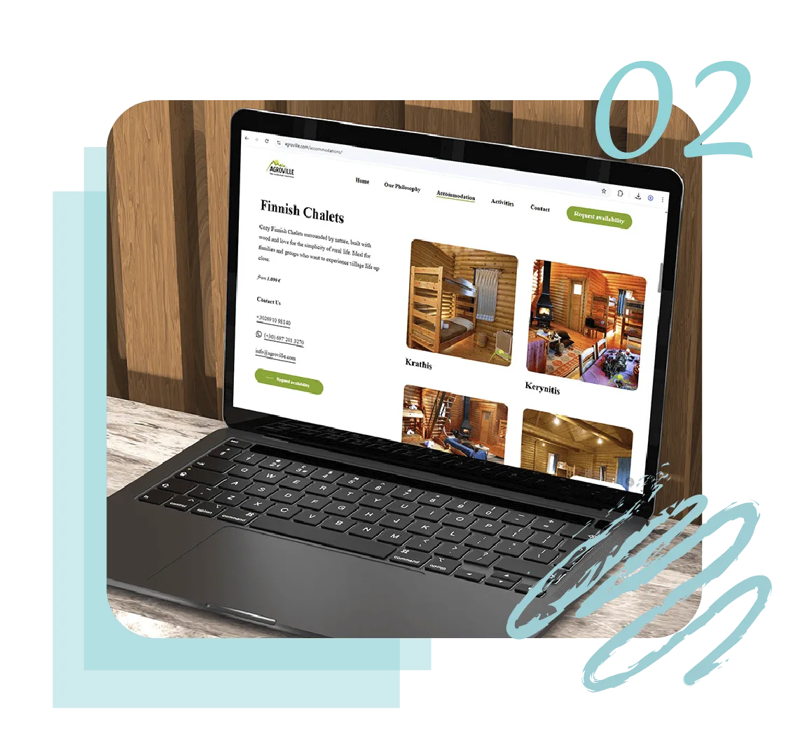 Η σελίδα επιλογών διαμονής και Finnish Chalets του Agroville website