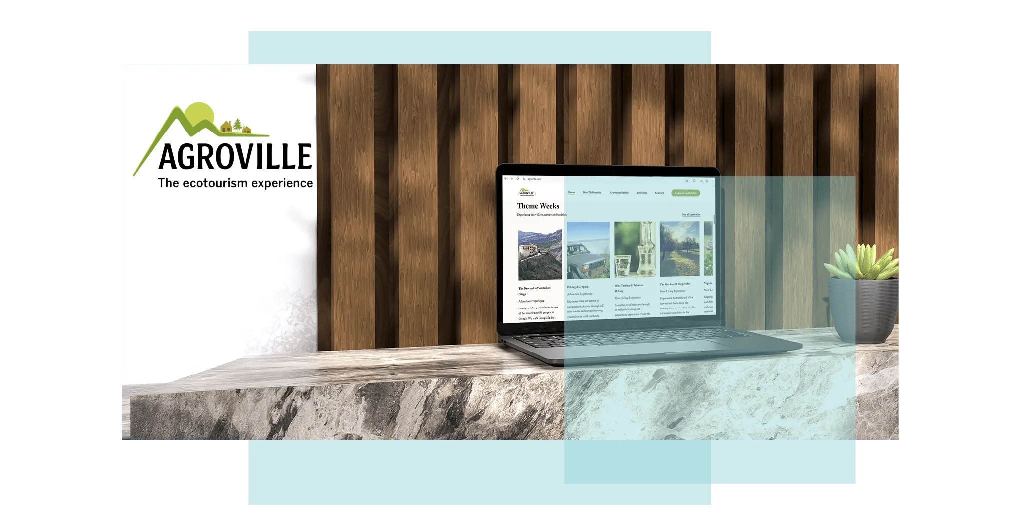 Η ενότητα θεματικών εμπειριών του Agroville website σε laptop mockup