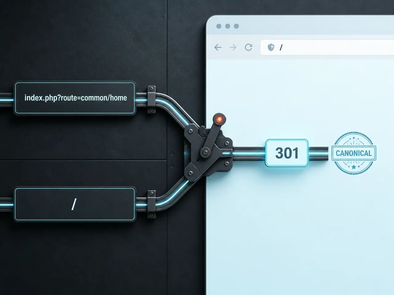 Δύο OpenCart homepage URLs συγχωνεύονται με 301 redirect σε ένα καθαρό canonical root
