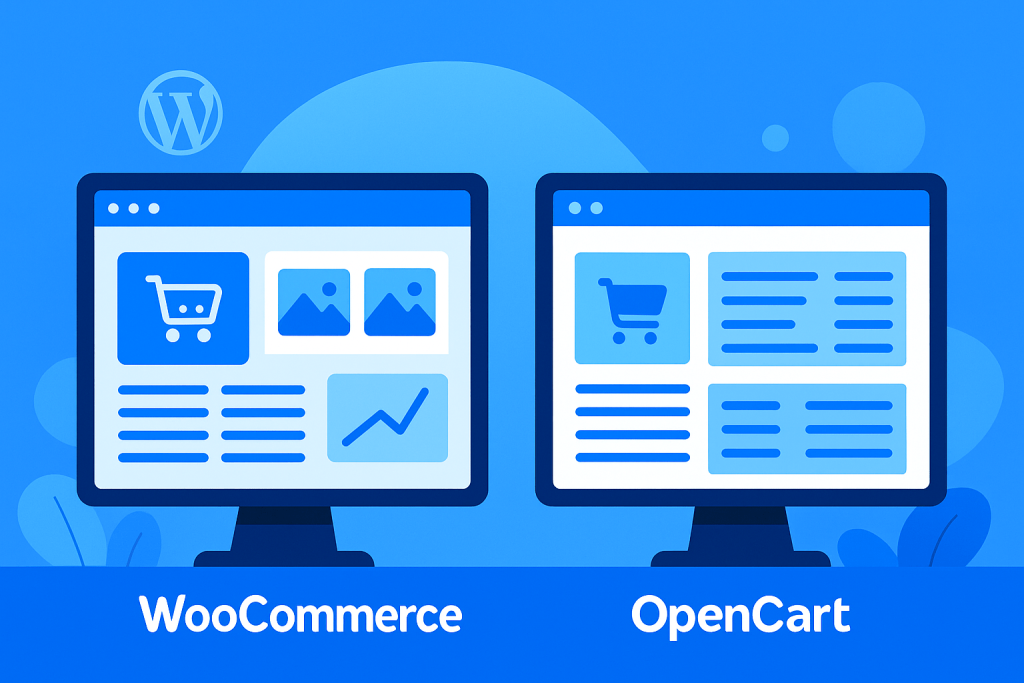 Σύγκριση πλατφορμών WooCommerce και OpenCart σε δύο οθόνες διαχείρισης eshop.