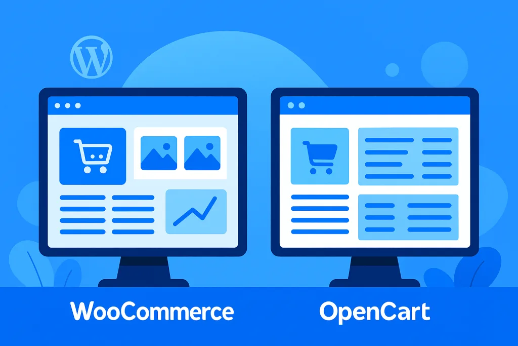 Σύγκριση πλατφορμών WooCommerce και OpenCart σε δύο οθόνες διαχείρισης eshop.