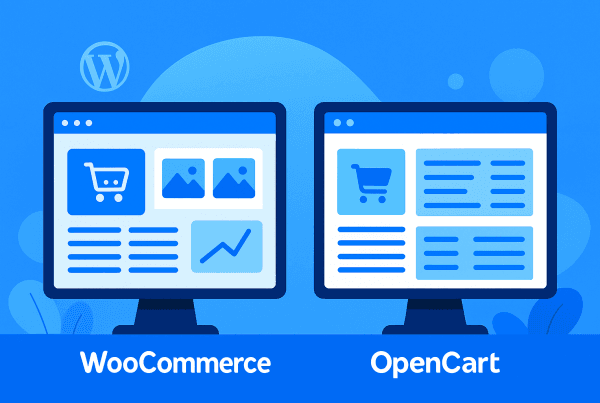 Σύγκριση πλατφορμών WooCommerce και OpenCart σε δύο οθόνες διαχείρισης eshop.
