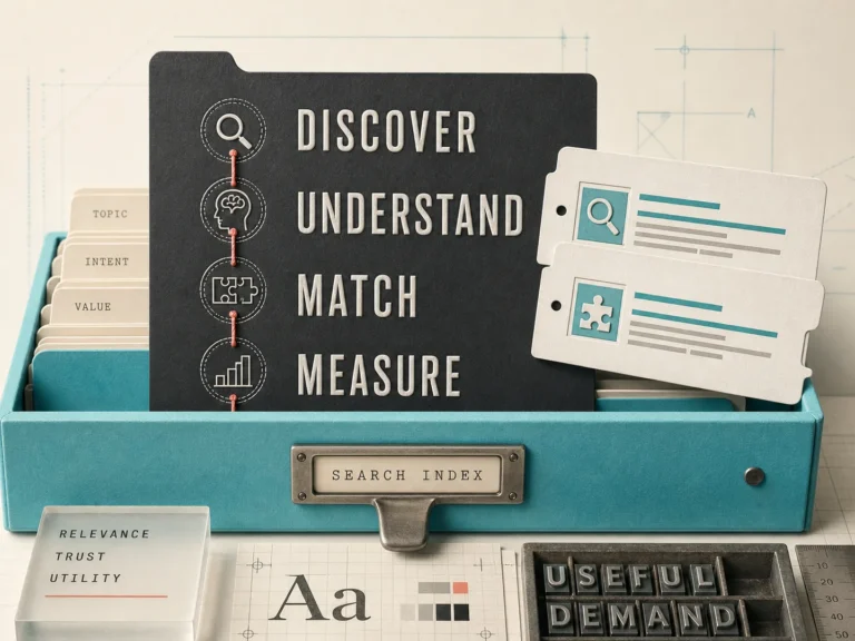 Editorial search-index system connecting discovery, understanding, intent matching and SEO measurement