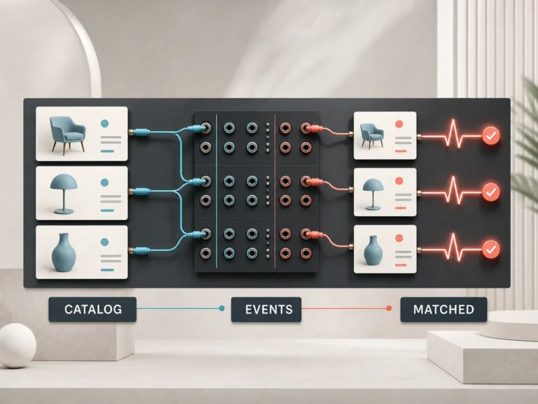 Product catalogue και conversion events συνδέονται μέσα από ελεγχόμενο Meta commerce signal patchbay