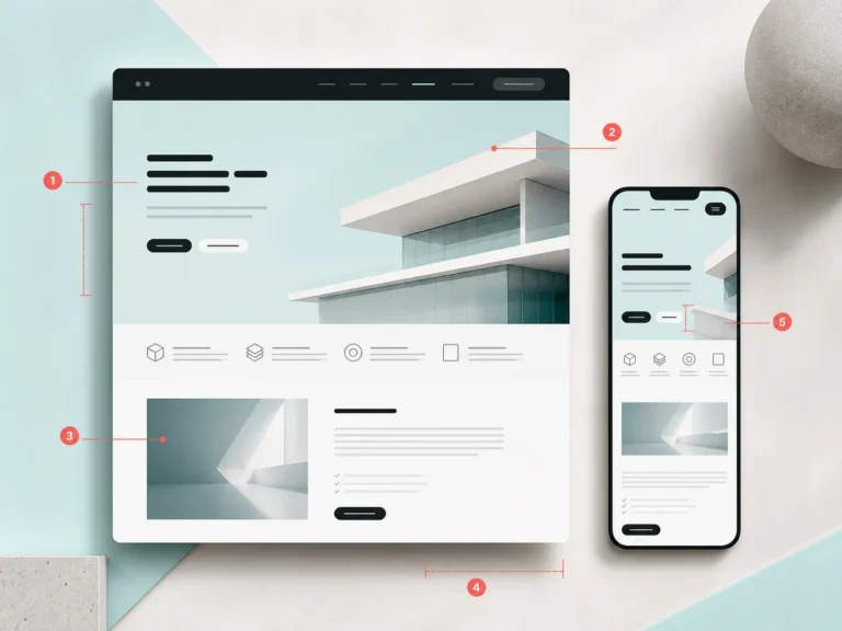 Design review board με desktop και mobile website mockup και πέντε σημεία ελέγχου web design