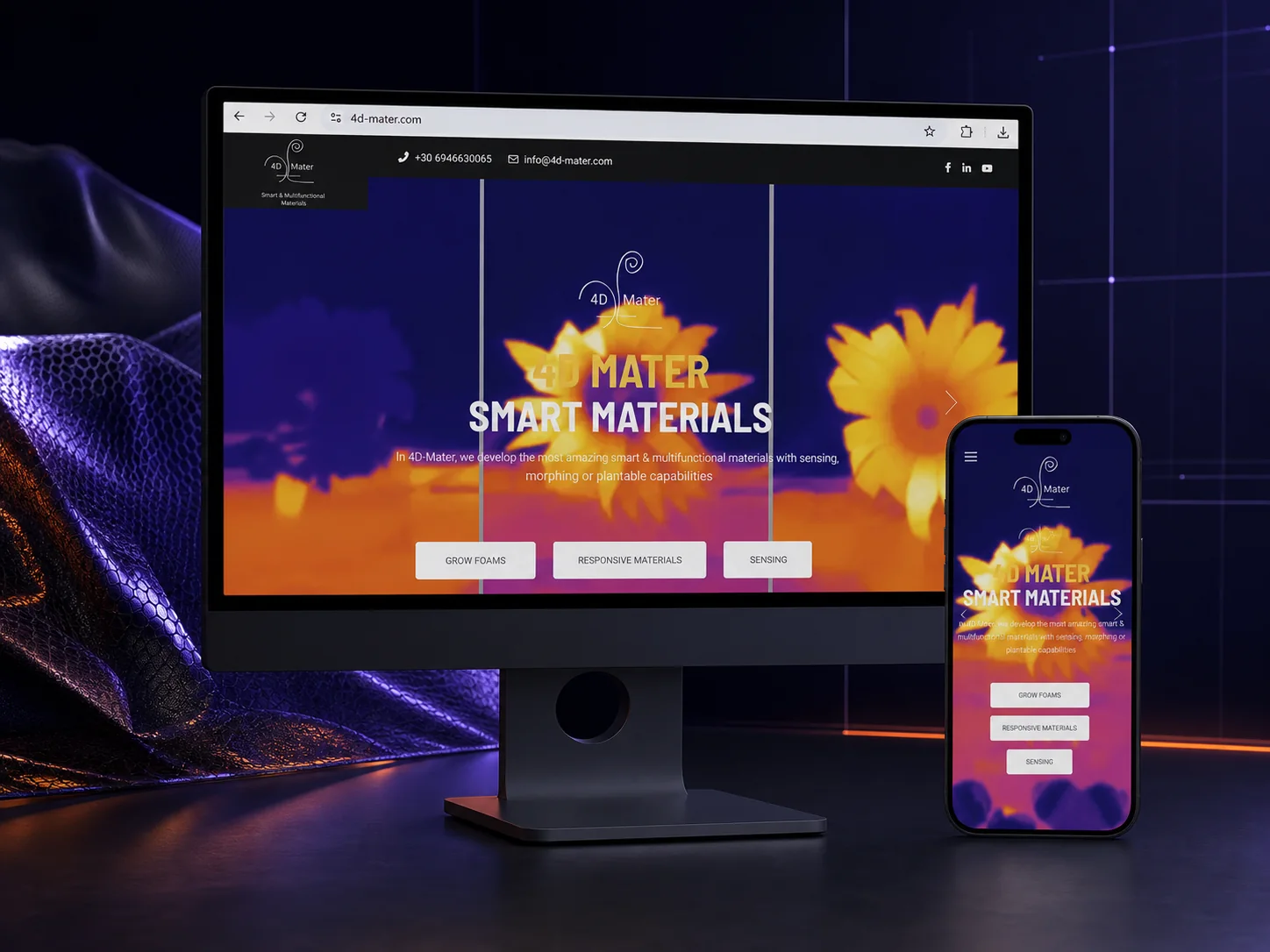 4D Mater smart materials website presented on desktop and mobile screens