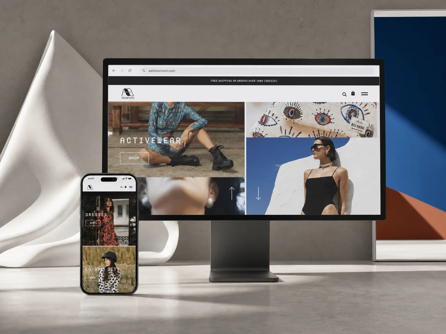 AA Showroom luxury fashion WooCommerce eShop presented on desktop and mobile screens