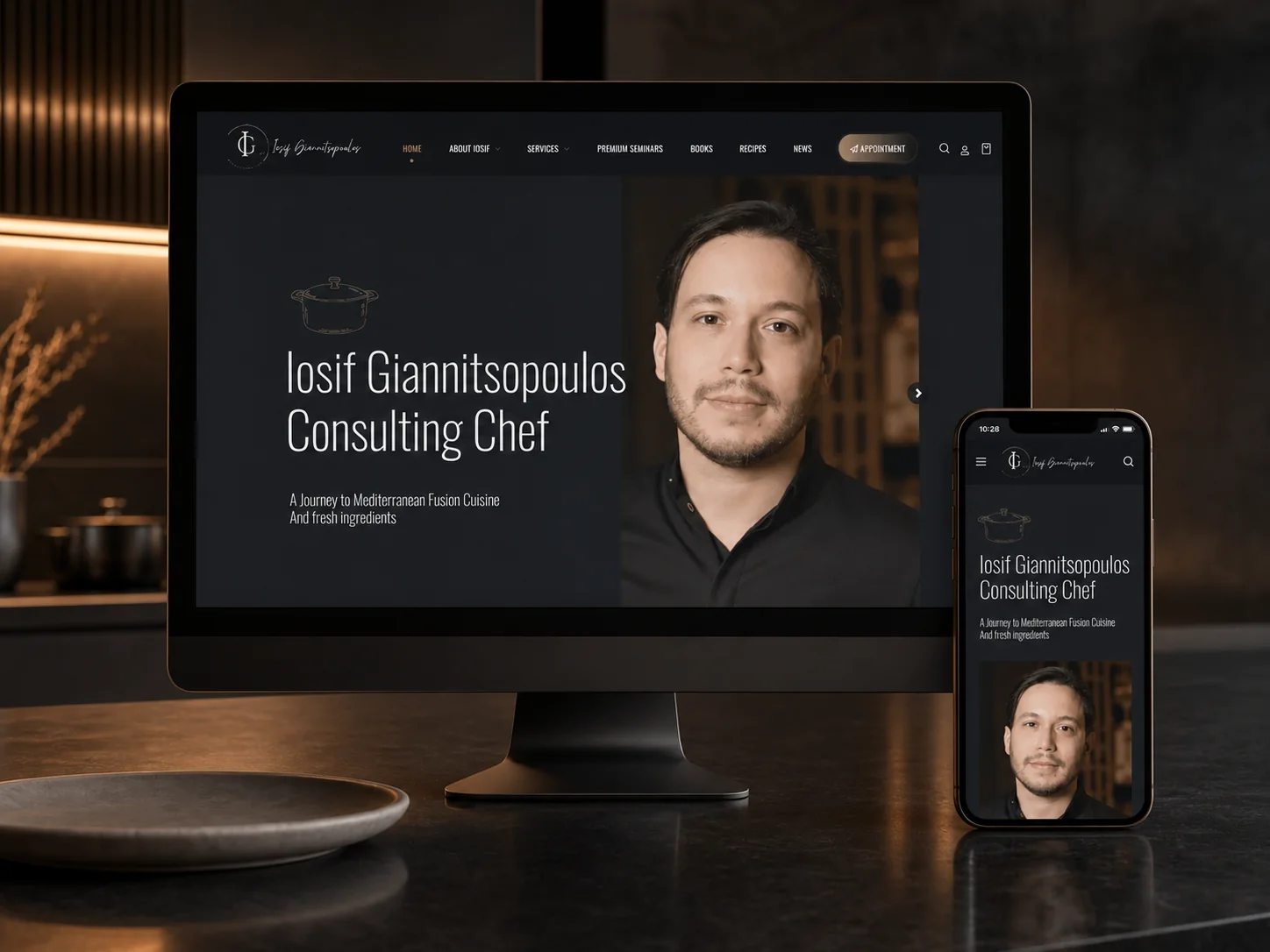 Iosif Giannitsopoulos consulting-chef website presented on desktop and mobile screens