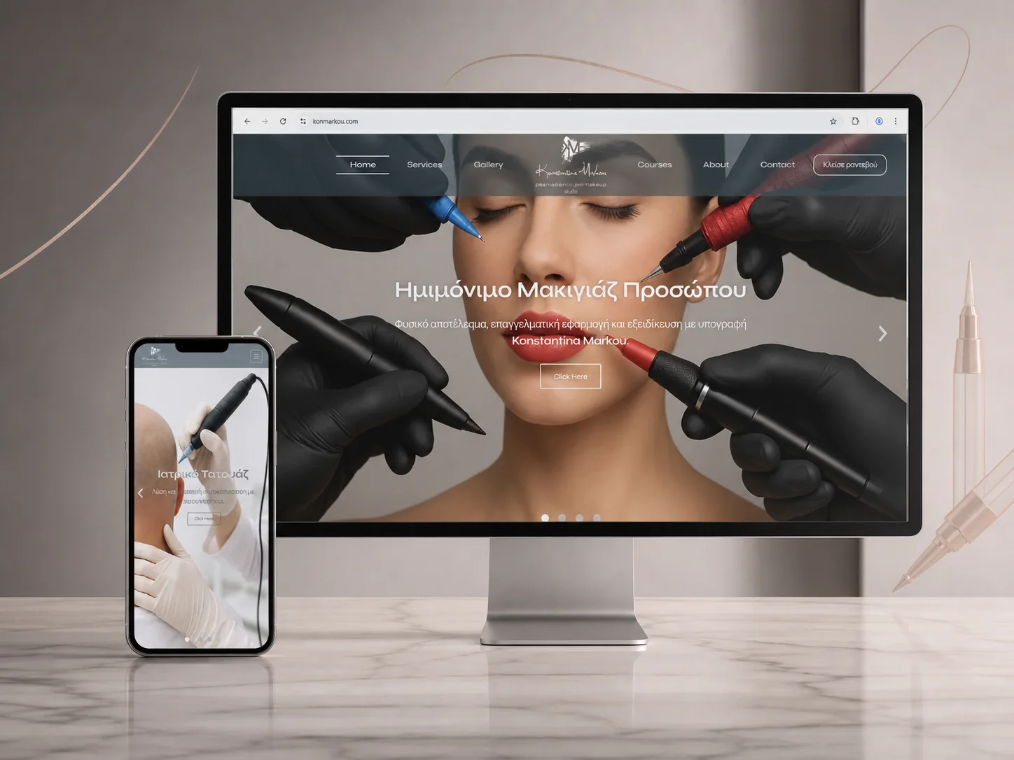 Konstantina Markou permanent makeup website presented on desktop and mobile screens