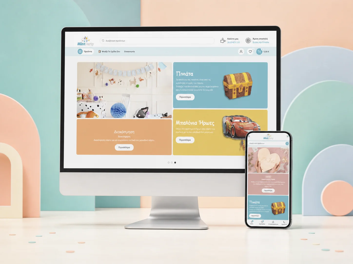MintParty party-supplies eShop presented on desktop and mobile screens