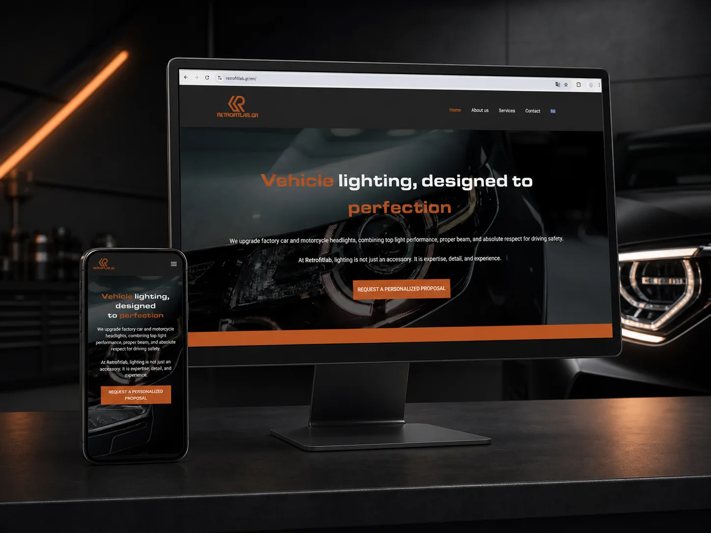 RetrofitLab automotive lighting website presented on desktop and mobile screens