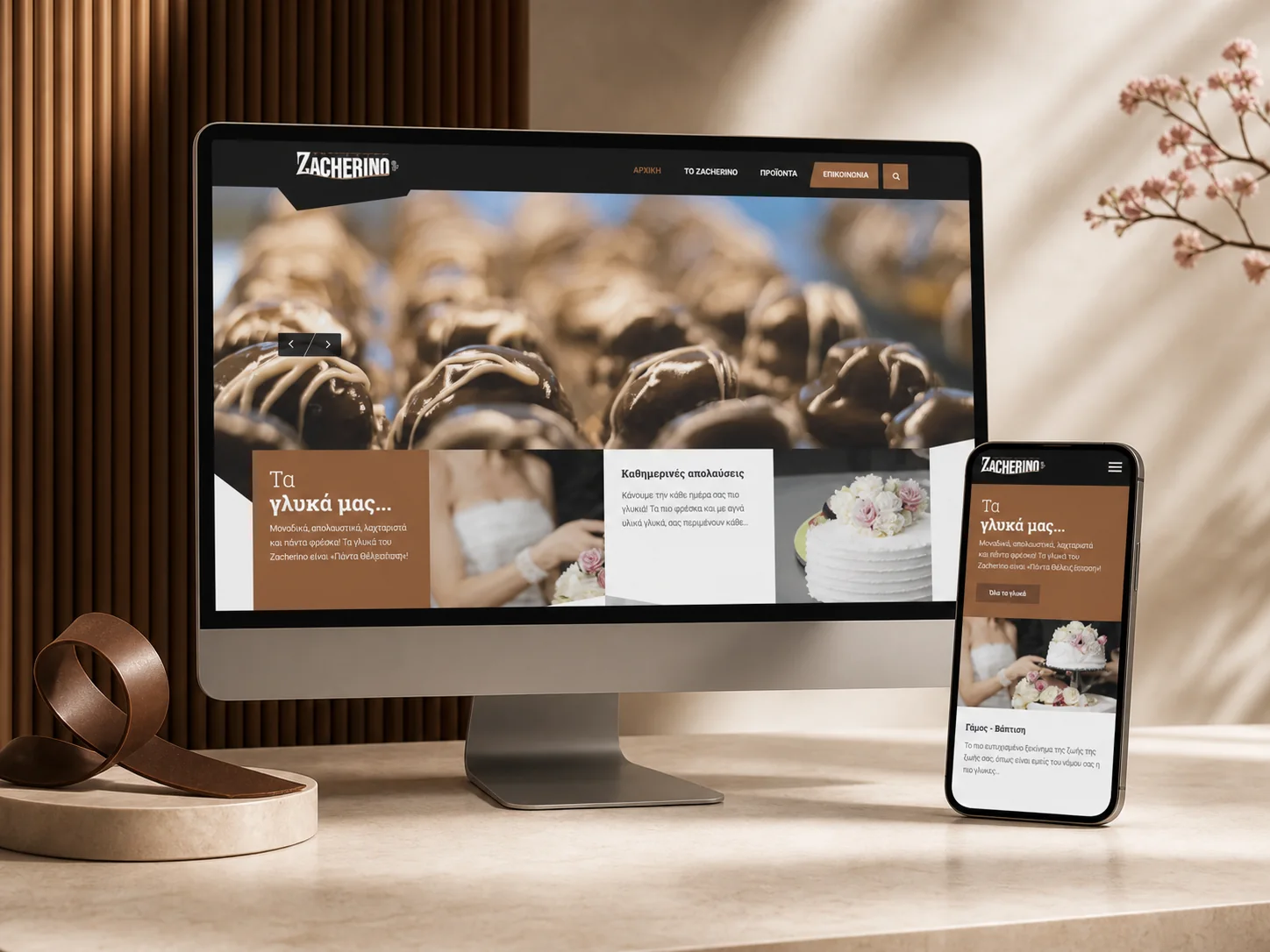 Zacherino pastry shop website presented on desktop and mobile screens